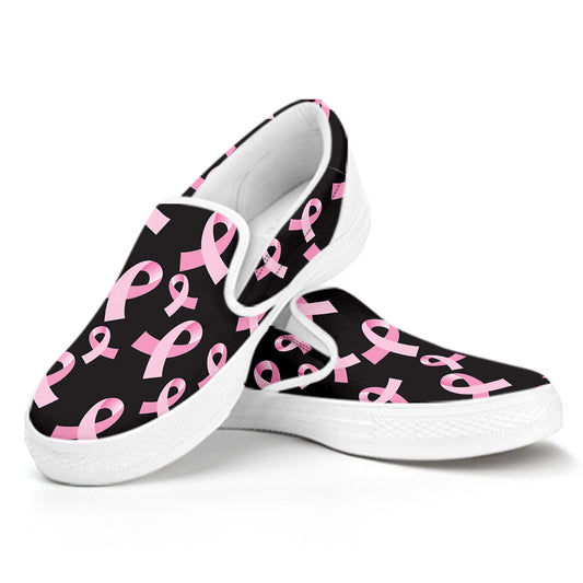 Pink Breast Cancer Ribbon Pattern Print White Slip On Shoes
