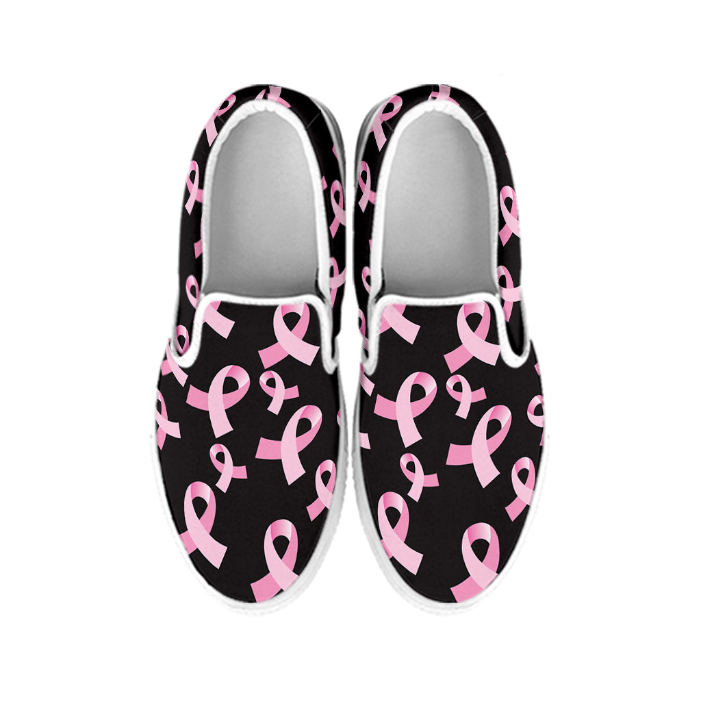 Pink Breast Cancer Ribbon Pattern Print White Slip On Shoes