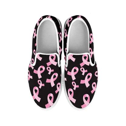 Pink Breast Cancer Ribbon Pattern Print White Slip On Shoes