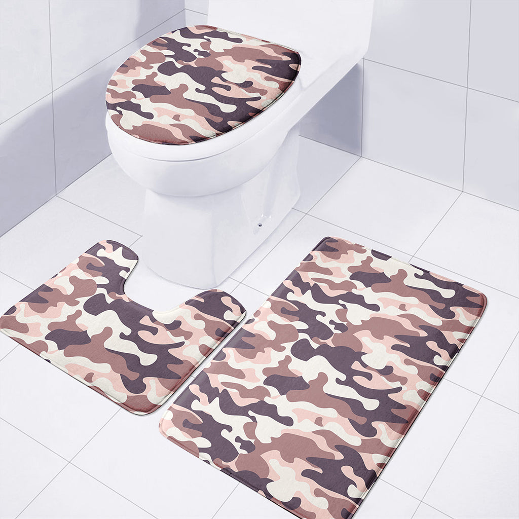 Pink Brown Camouflage Print 3 Piece Bath Mat Set