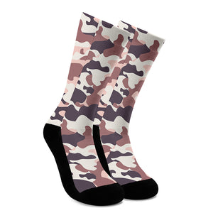 Pink Brown Camouflage Print Crew Socks