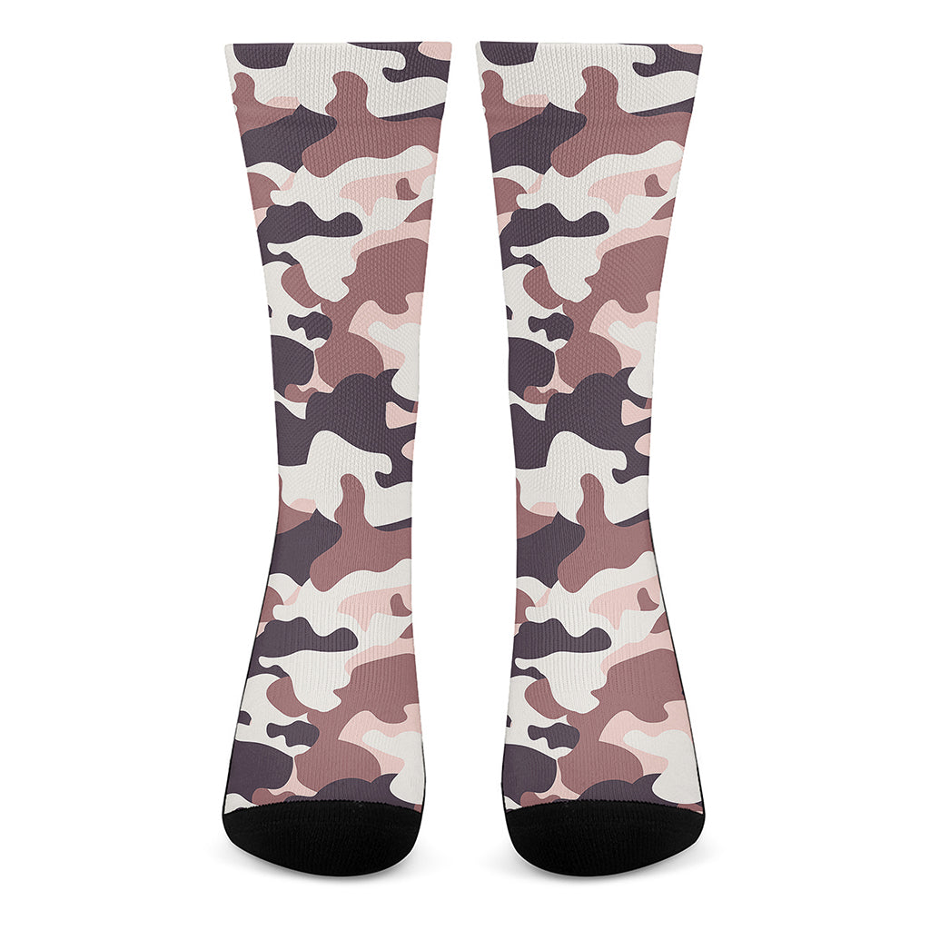Pink Brown Camouflage Print Crew Socks