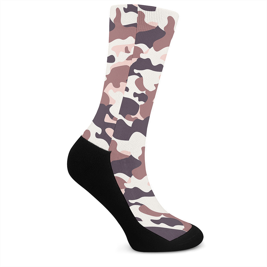 Pink Brown Camouflage Print Crew Socks
