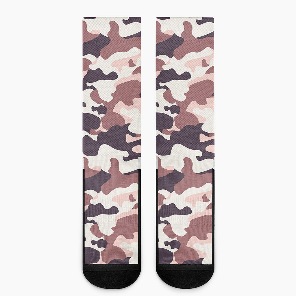 Pink Brown Camouflage Print Crew Socks