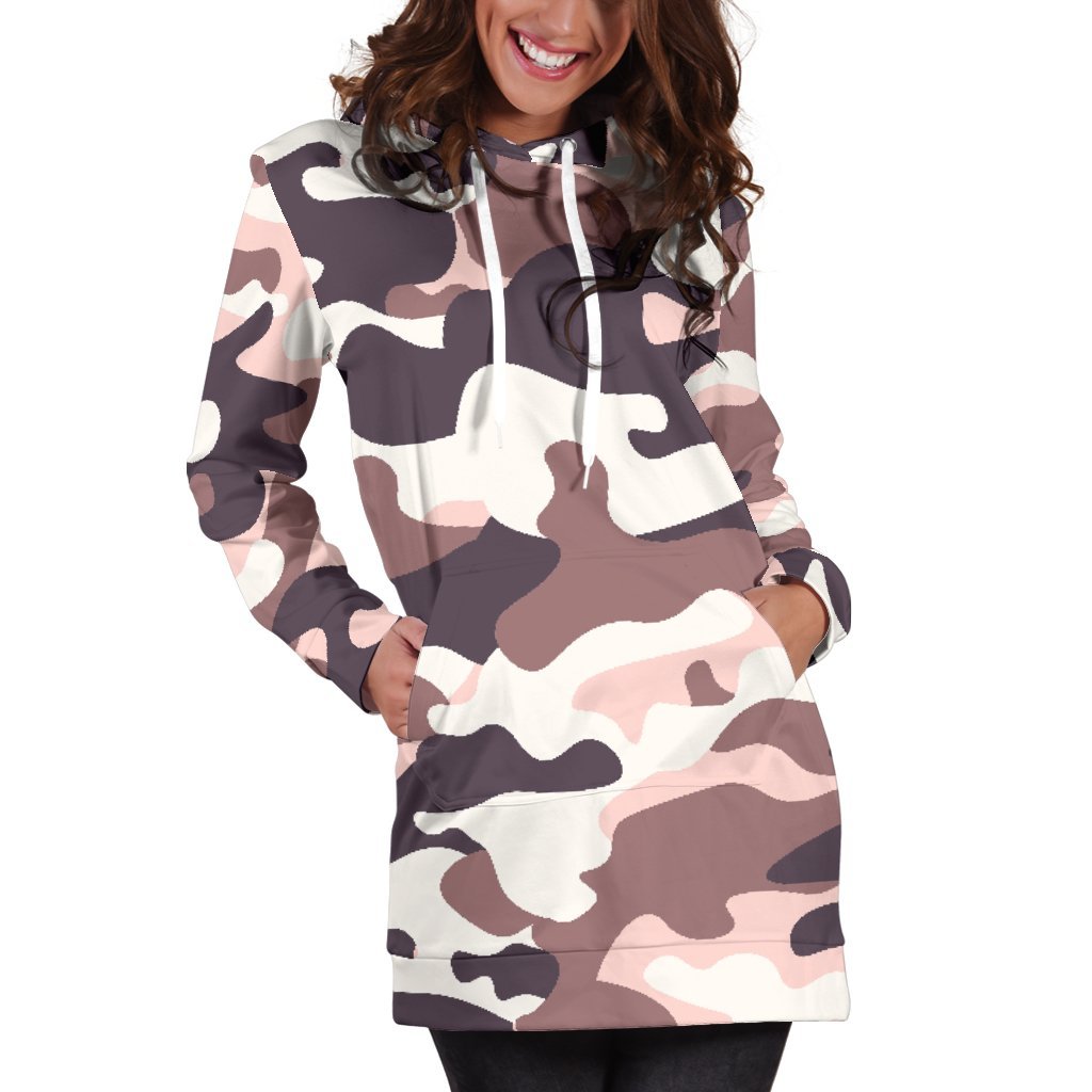 Pink Brown Camouflage Print Hoodie Dress GearFrost