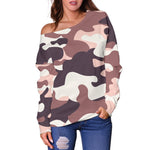 Pink Brown Camouflage Print Off Shoulder Sweatshirt GearFrost