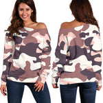 Pink Brown Camouflage Print Off Shoulder Sweatshirt GearFrost
