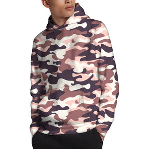 Pink Brown Camouflage Print Pullover Hoodie