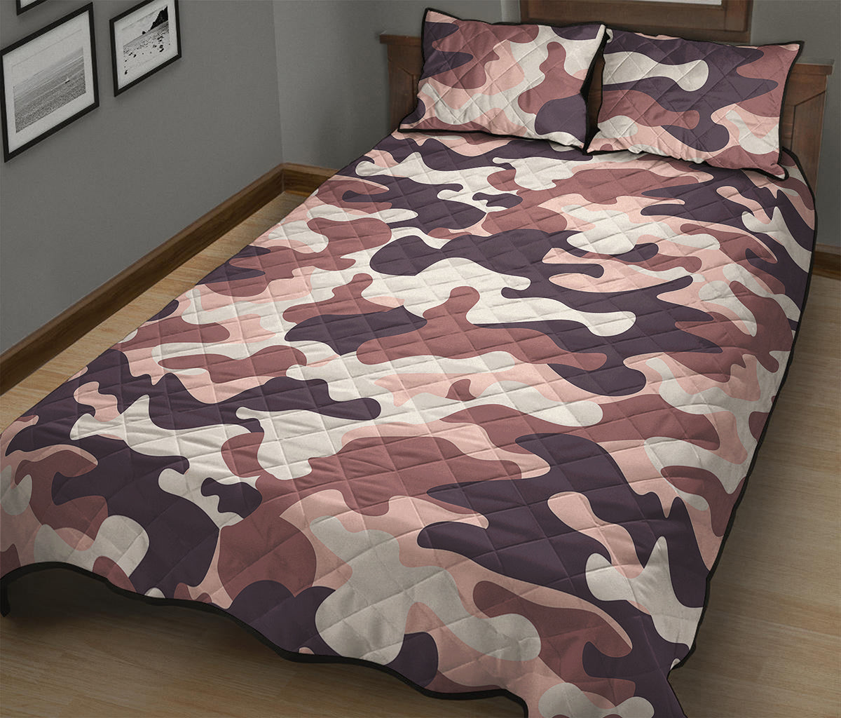 Pink Brown Camouflage Print Quilt Bed Set