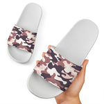 Pink Brown Camouflage Print White Slide Sandals