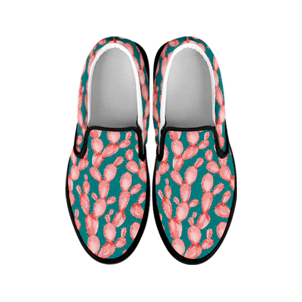 Pink Cactus Pattern Print Black Slip On Shoes