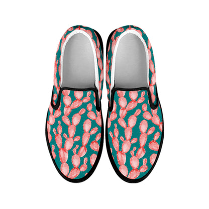 Pink Cactus Pattern Print Black Slip On Shoes