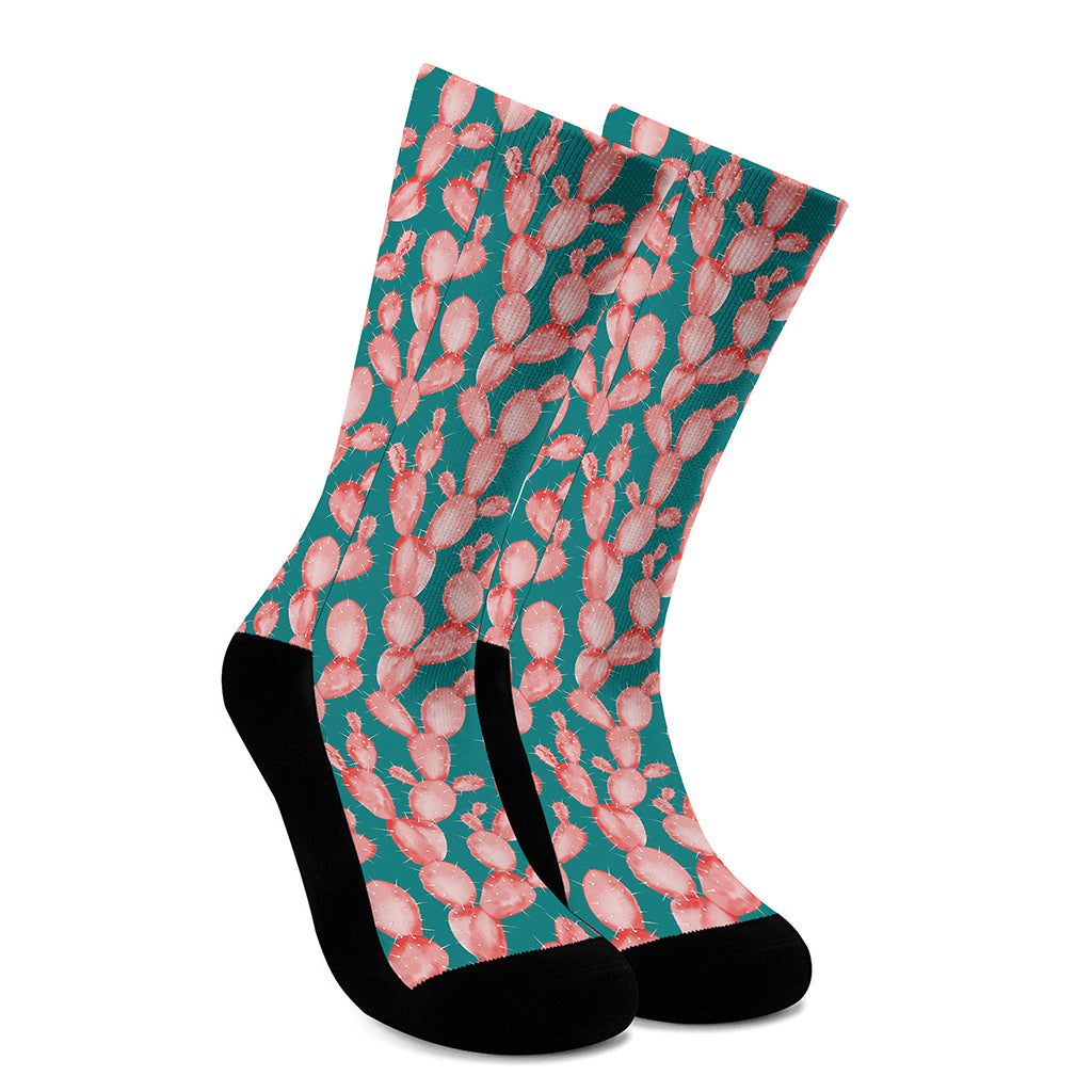 Pink Cactus Pattern Print Crew Socks