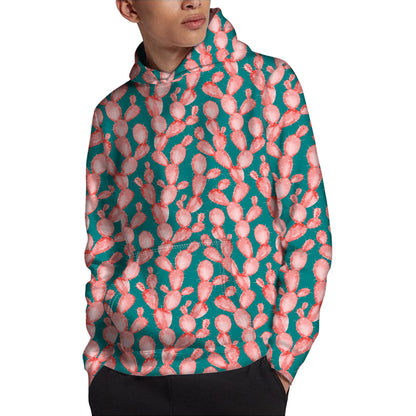 Pink Cactus Pattern Print Pullover Hoodie