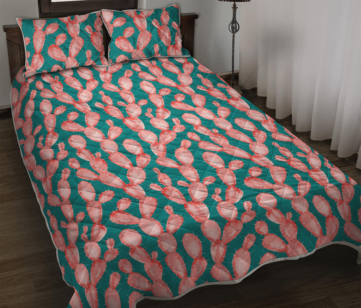 Pink Cactus Pattern Print Quilt Bed Set