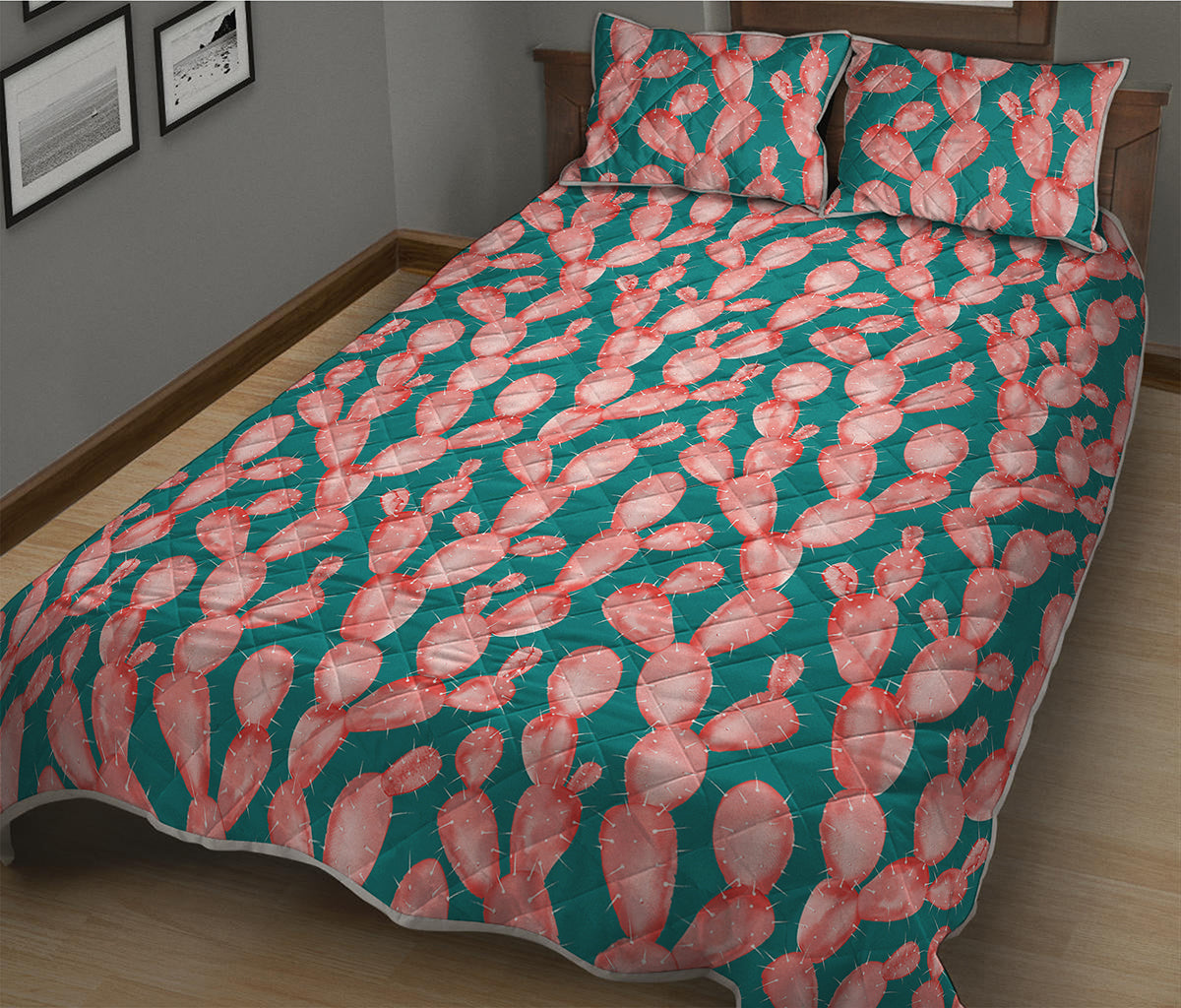 Pink Cactus Pattern Print Quilt Bed Set