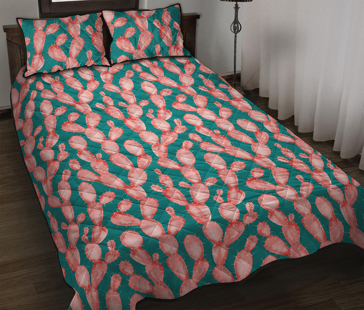 Pink Cactus Pattern Print Quilt Bed Set