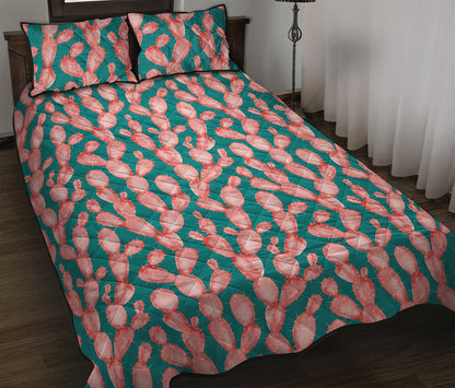 Pink Cactus Pattern Print Quilt Bed Set