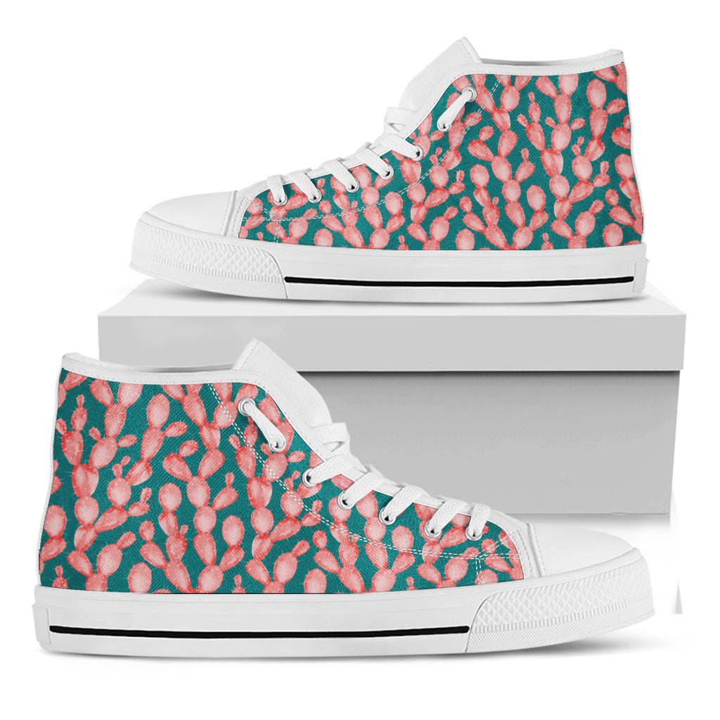 Pink Cactus Pattern Print White High Top Shoes