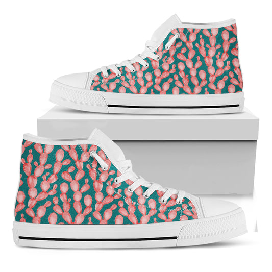 Pink Cactus Pattern Print White High Top Shoes