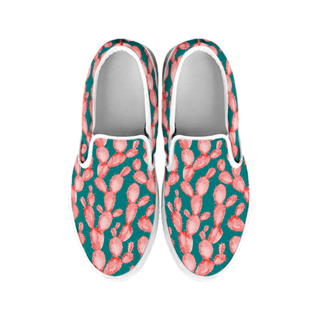 Pink Cactus Pattern Print White Slip On Shoes