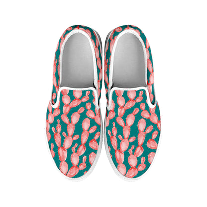 Pink Cactus Pattern Print White Slip On Shoes