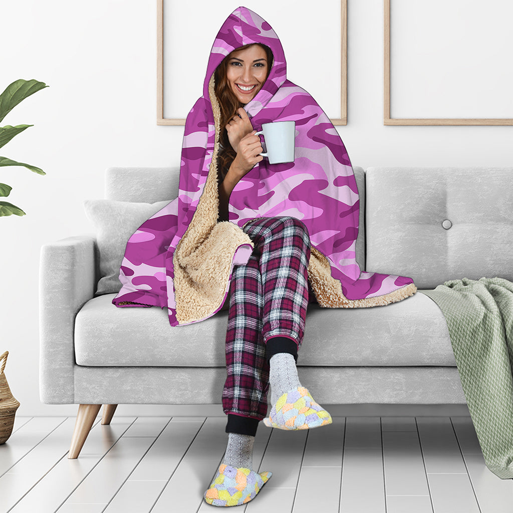 Pink Camouflage Print Hooded Blanket