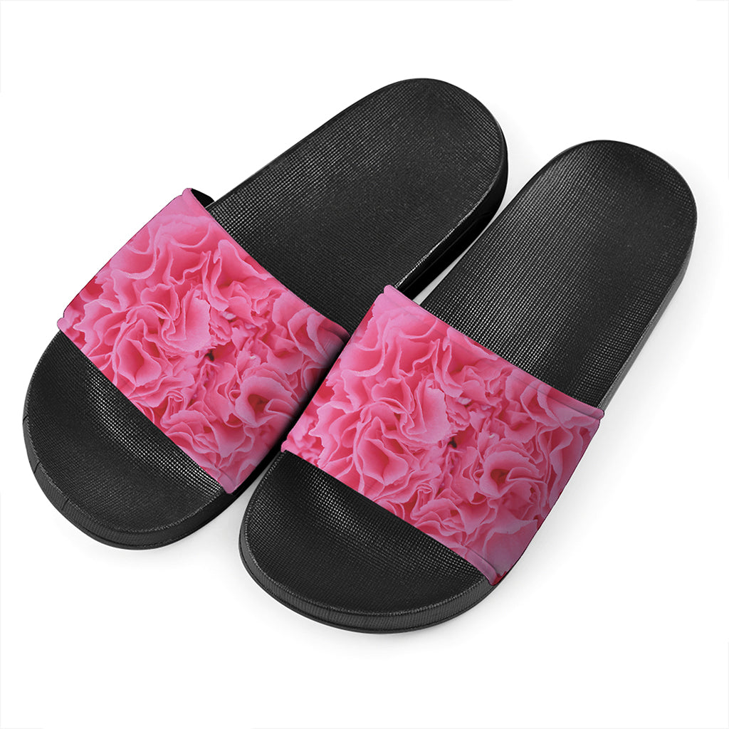 Pink Carnation Flower Print Black Slide Sandals