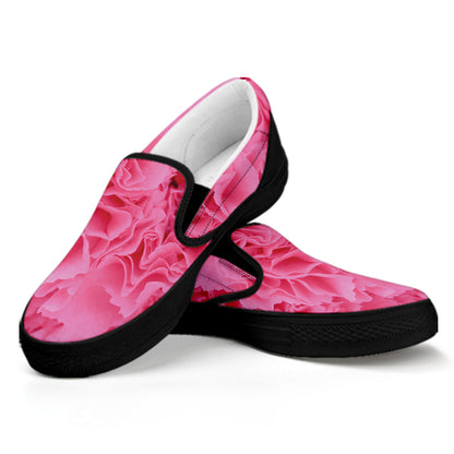 Pink Carnation Flower Print Black Slip On Shoes