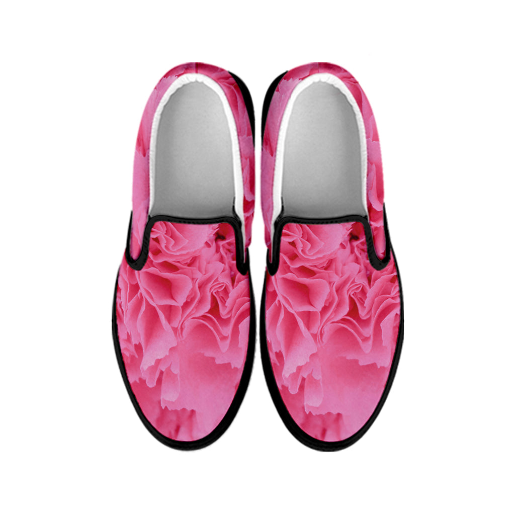 Pink Carnation Flower Print Black Slip On Shoes