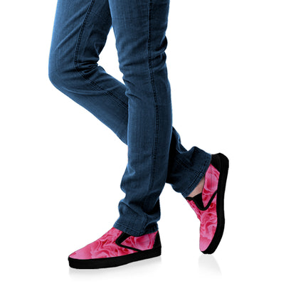 Pink Carnation Flower Print Black Slip On Shoes