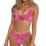 Pink Carnation Flower Print Front Bow Tie Bikini