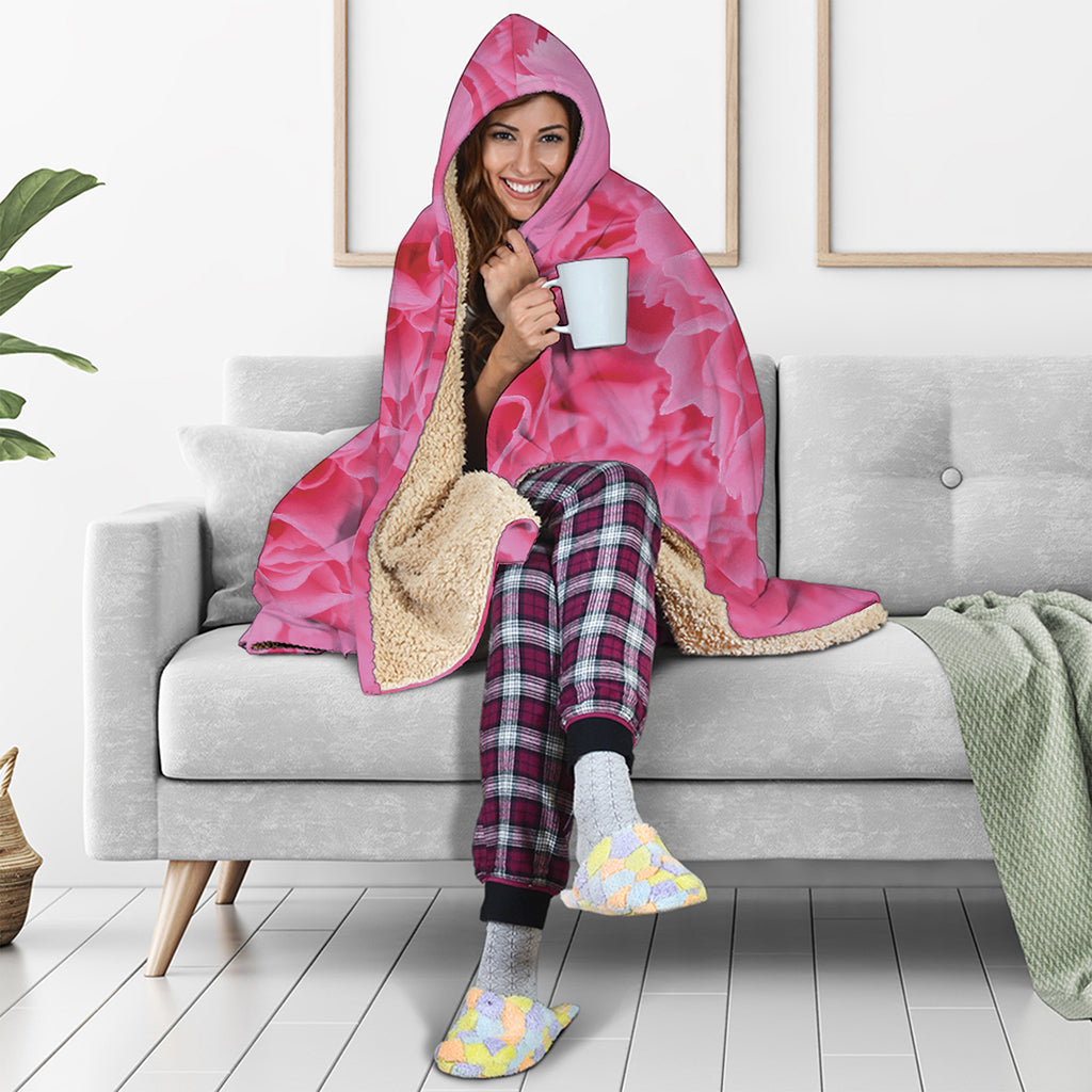 Pink Carnation Flower Print Hooded Blanket