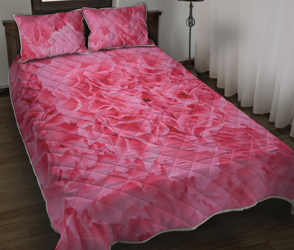 Pink Carnation Flower Print Quilt Bed Set