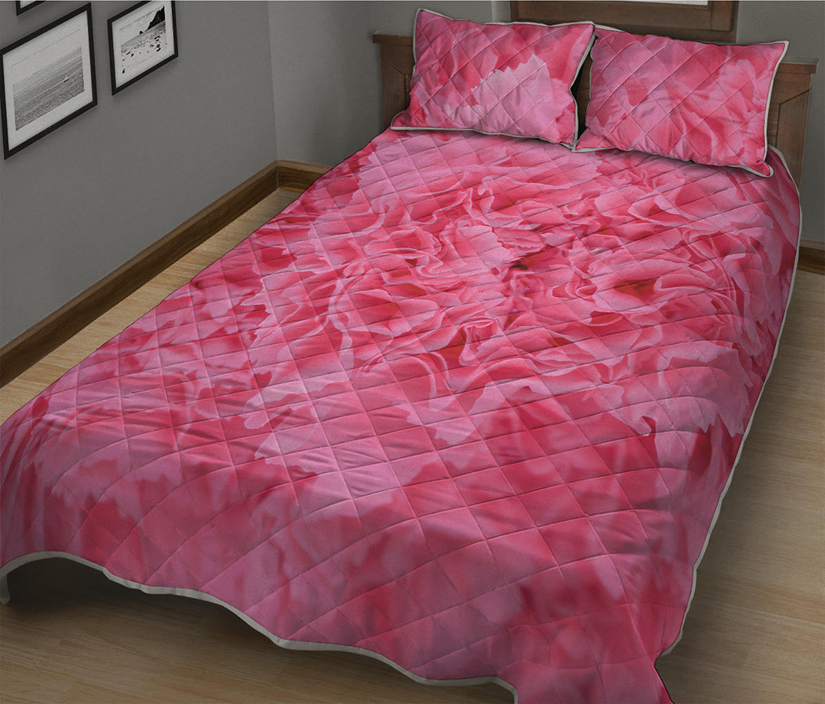 Pink Carnation Flower Print Quilt Bed Set