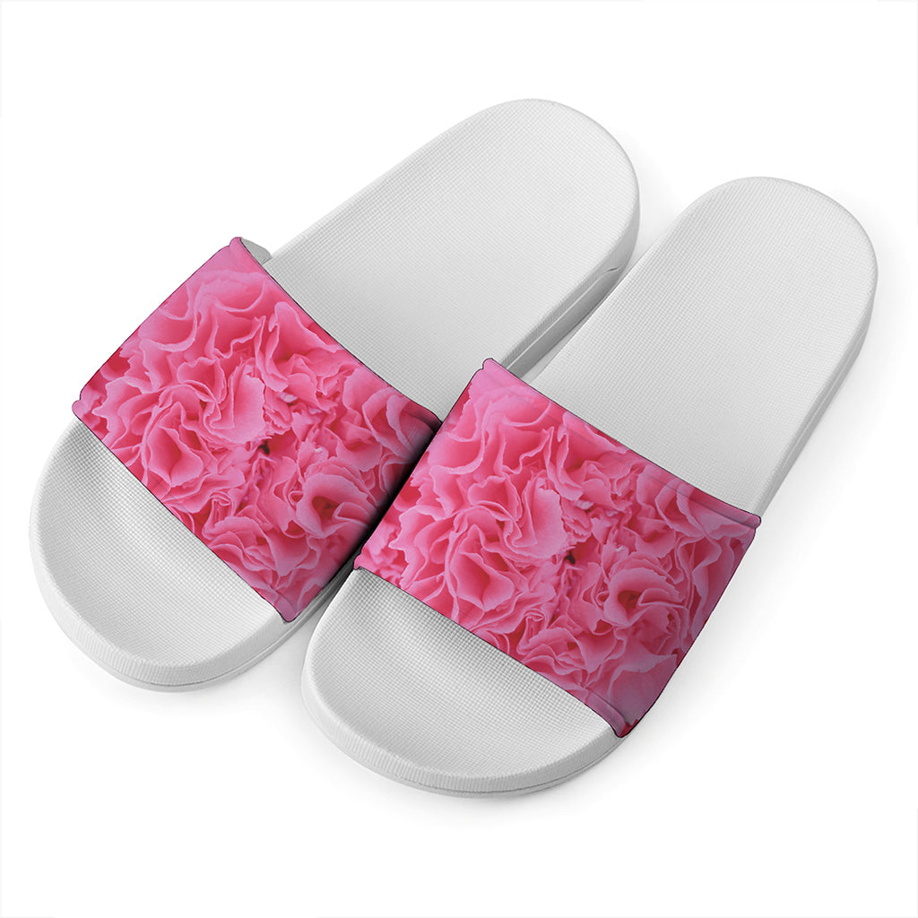 Pink Carnation Flower Print White Slide Sandals