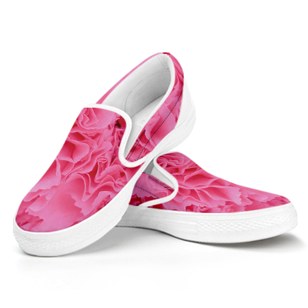 Pink Carnation Flower Print White Slip On Shoes