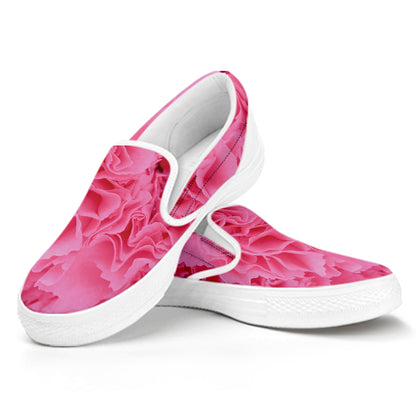 Pink Carnation Flower Print White Slip On Shoes