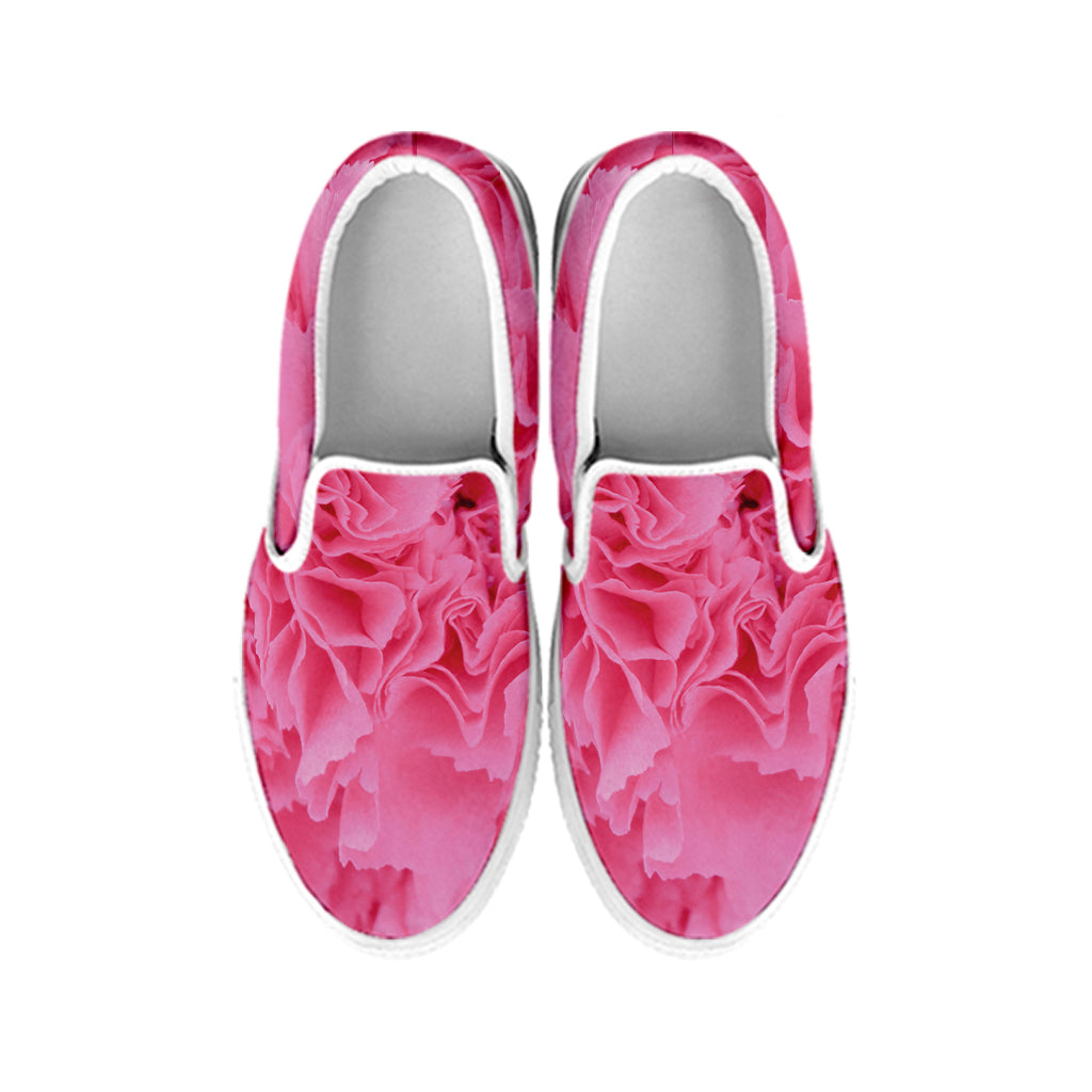 Pink Carnation Flower Print White Slip On Shoes