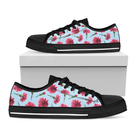 Pink Carnation Pattern Print Black Low Top Shoes