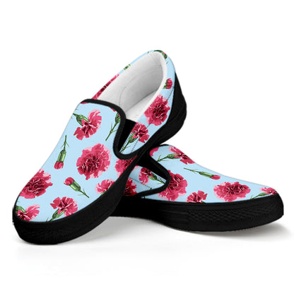 Pink Carnation Pattern Print Black Slip On Shoes
