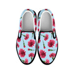 Pink Carnation Pattern Print Black Slip On Shoes