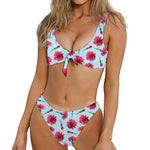 Pink Carnation Pattern Print Front Bow Tie Bikini