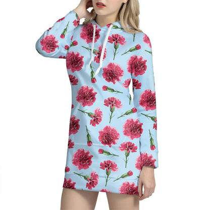 Pink Carnation Pattern Print Hoodie Dress