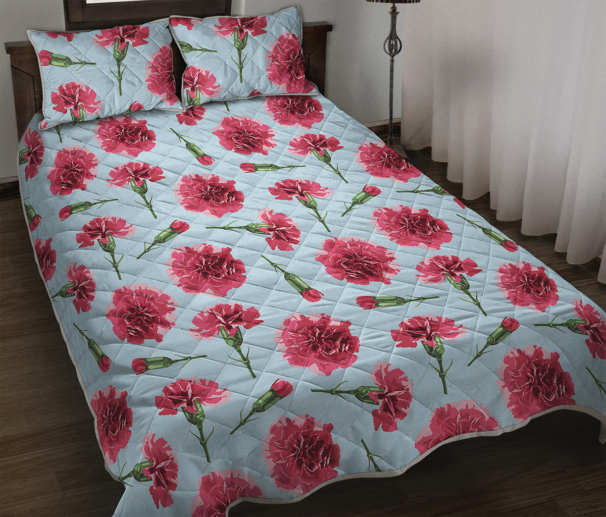 Pink Carnation Pattern Print Quilt Bed Set