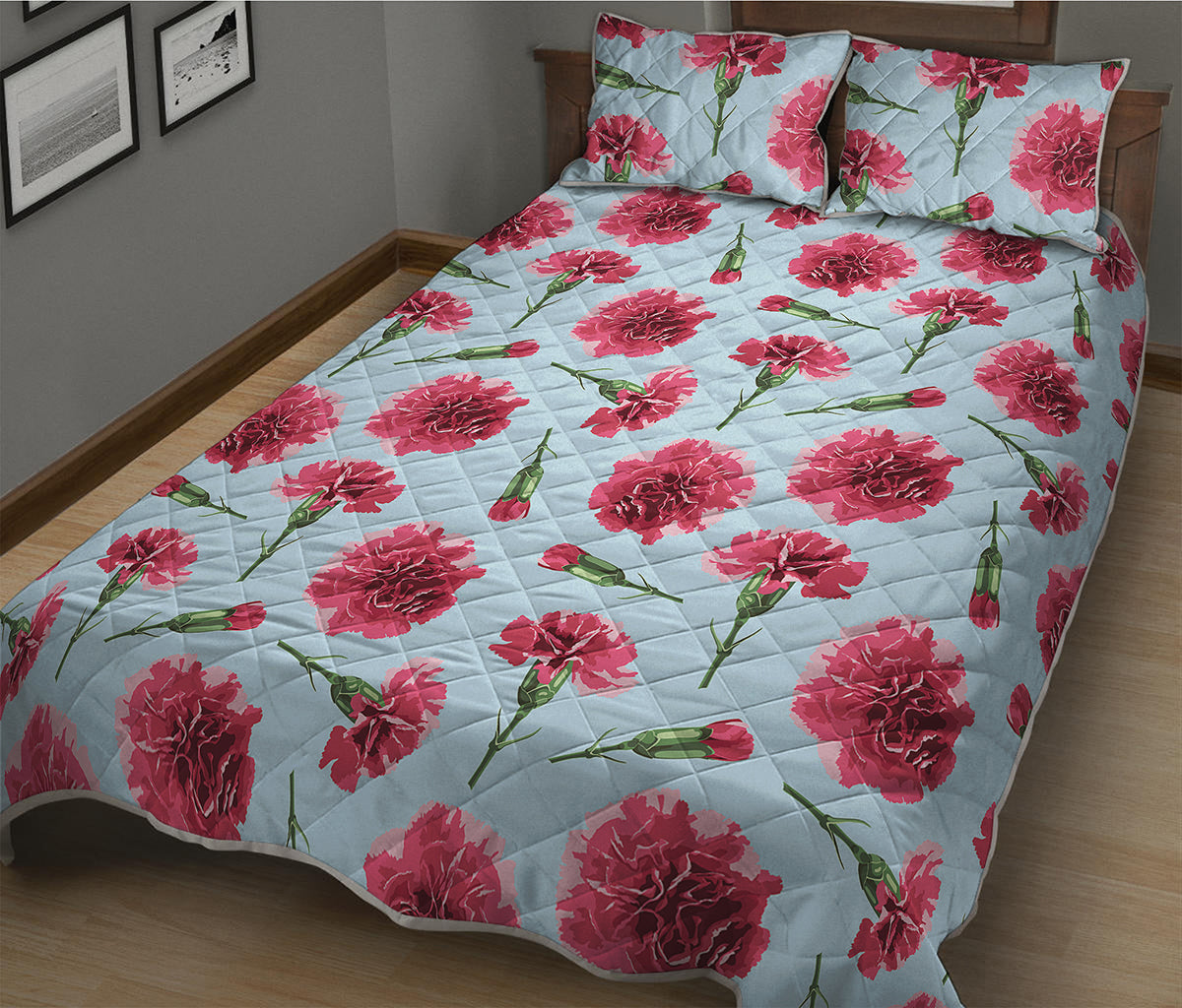 Pink Carnation Pattern Print Quilt Bed Set