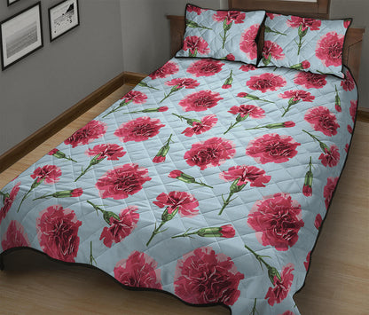 Pink Carnation Pattern Print Quilt Bed Set
