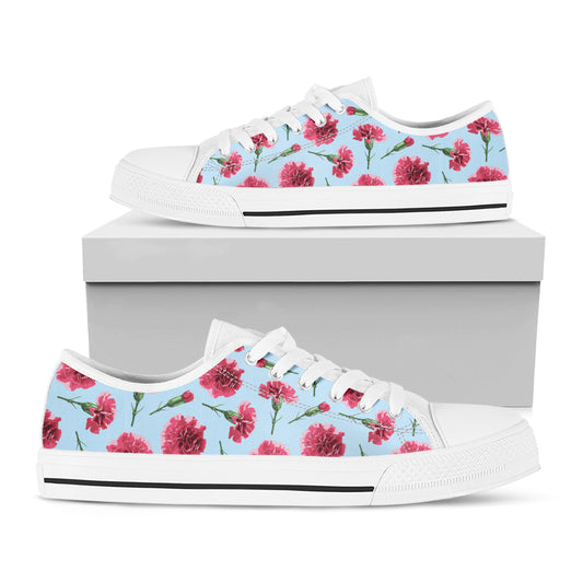 Pink Carnation Pattern Print White Low Top Shoes