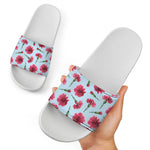 Pink Carnation Pattern Print White Slide Sandals