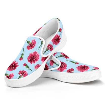 Pink Carnation Pattern Print White Slip On Shoes